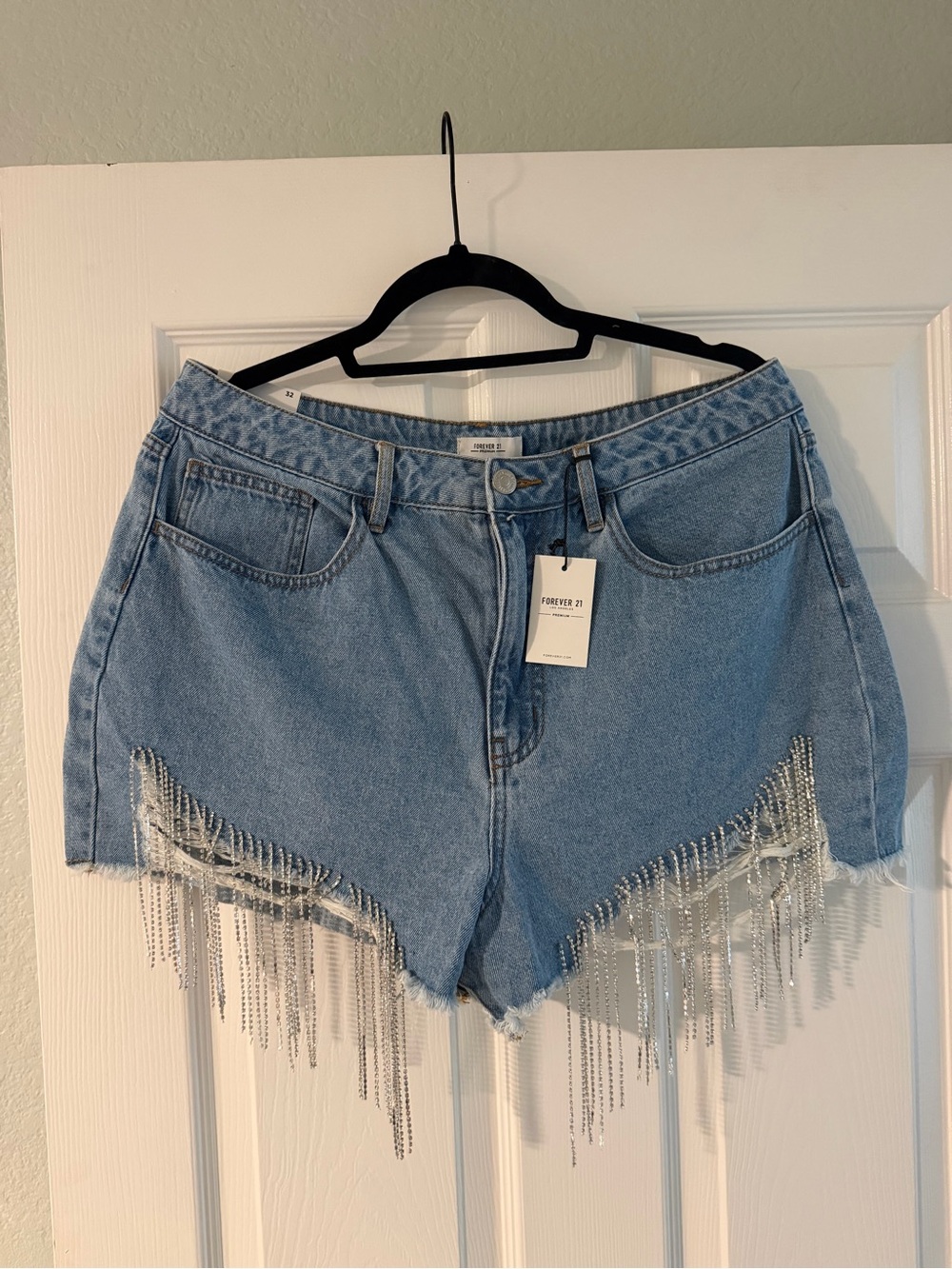 Forever 21 Light Blue Denim Shorts with Rhinestone Fringe Hem